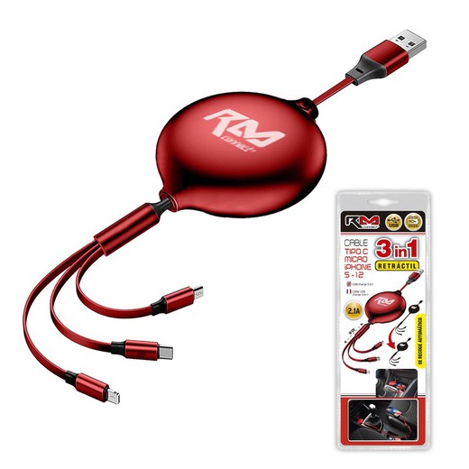 ***CABLE CARGADOR "ENROLLABLE" RM CONNECT USB 3 EN 1, CONEXIONES TIPO C + MICRO + IPHONE