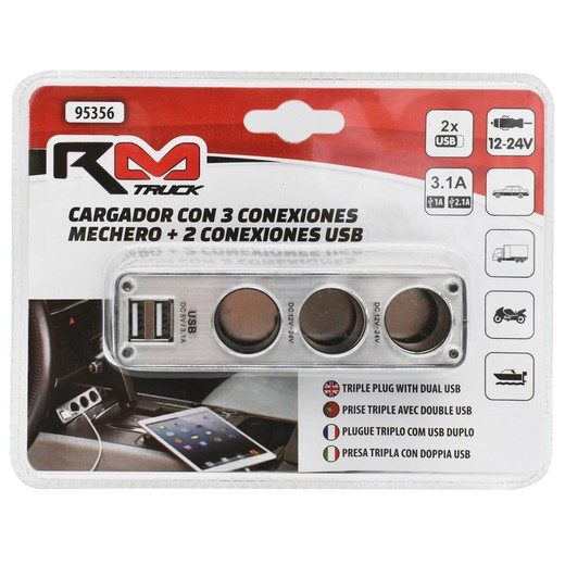 CARGADOR MECHERO RM TRUCK, CON TRIPLE CONEXIÓN PARA MECHERO Y DOBLE CONEXIÓN USB, 12-24V