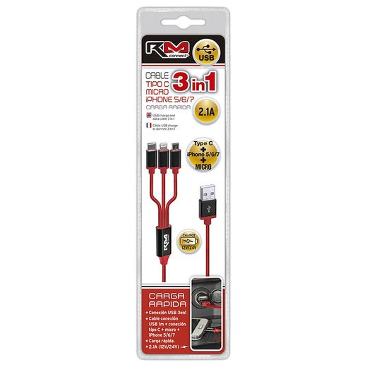 CABLE CARGADOR RM CONNECT USB 3 EN 1, CONEXIONES TIPO C + MICRO + IPHONE ( 10 )