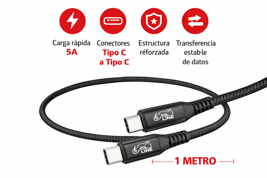 CABLE TELEFONIA REFORZADO COLOR NEGRO TIPO C A TIPO C 5 AMP (long.1metro) CARGA RAPIDA