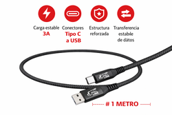 CABLE TELEFONIA REFORZADO COLOR NEGRO TIPO C A TIPO USB 3 AMP (long.1metro)