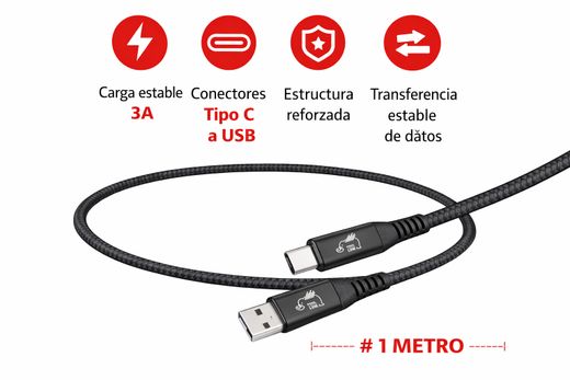 CABLE TELEFONIA REFORZADO COLOR NEGRO TIPO C A TIPO USB 3 AMP (long.1metro)