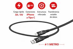 CABLE TELEFONIA REFORZADO COLOR NEGRO TIPO IPHONE A TIPO C 3 AMP / 9 V (long.1metro)