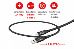 CABLE TELEFONIA REFORZADO COLOR NEGRO TIPO IPHONE A TIPO C 3 AMP / 9 V (long.1metro)