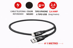 CABLE TELEFONIA REFORZADO COLOR NEGRO TIPO IPHONE A TIPO USB 2.4 AMP (long.1metro)