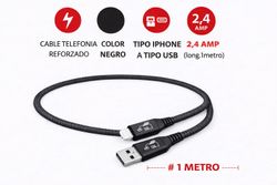 CABLE TELEFONIA REFORZADO COLOR NEGRO TIPO IPHONE A TIPO USB 2.4 AMP (long.1metro)