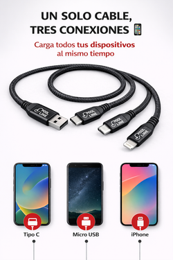 CABLE TELEFONIA REFORZADO COLOR NEGRO TIPO SALIDA TRIPLE B, C , IPHONE 2.1 AMP (long.1,2 m)