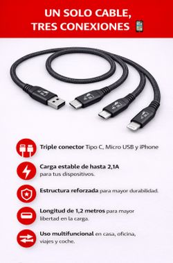 CABLE TELEFONIA REFORZADO COLOR NEGRO TIPO SALIDA TRIPLE B, C , IPHONE 2.1 AMP (long.1,2 m)