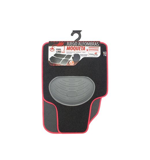 JGO. 4 ALFOMBRAS MOQUETA "PREMIUM" NEGRA TAL. GOMA RIBETE ROJO